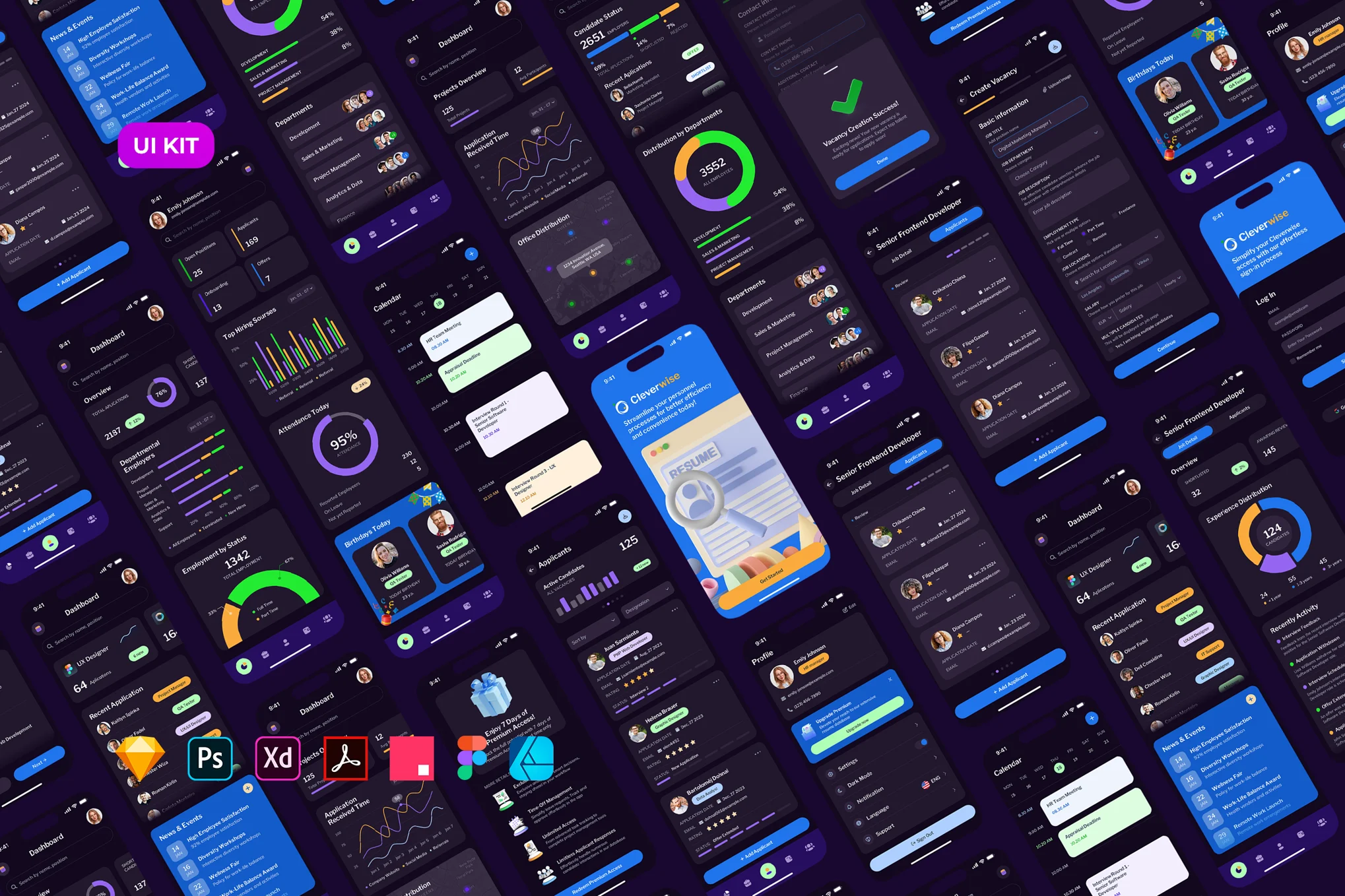 HR Management App – Dark UI |Free Template for Photoshop
